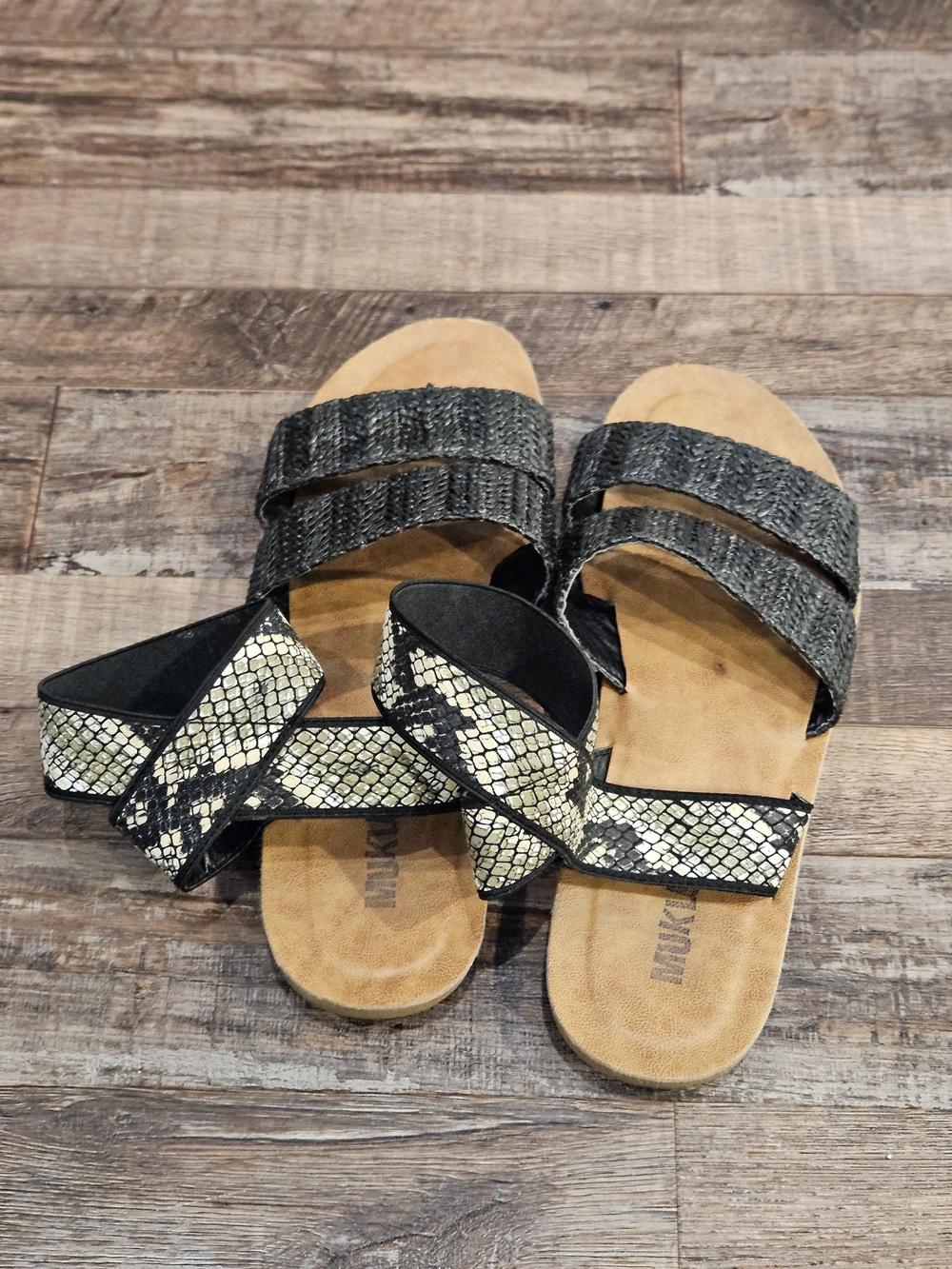Muk Luks Black and Cream Snake-Print Slide Sandals